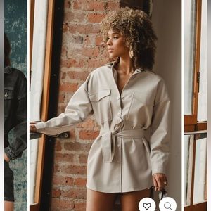 Vegan leather cream shirt dress with belt